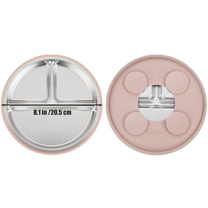 PandaEar 6-in-1 Stainless Steel Baby Feeding Set | Divided Suction Plate, Bowl, Sippy Cup with Straw, Bib, Spoon & Fork | BPA-Free Toddler Feeding Essentials for Self-Feeding (Pink) - color: Pink
