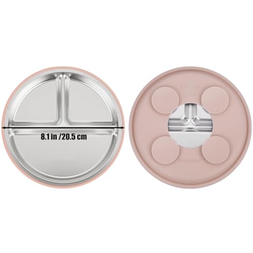 PandaEar 6-in-1 Stainless Steel Baby Feeding Set | Divided Suction Plate, Bowl, Sippy Cup with Straw, Bib, Spoon & Fork | BPA-Free Toddler Feeding Essentials for Self-Feeding (Pink) - color: Pink