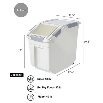 33 Liter / 50 lbs Rice Storage Container with Measuring Cup, BPA free, For Rice | Grain | Pet Food | Flour, 2 count, White