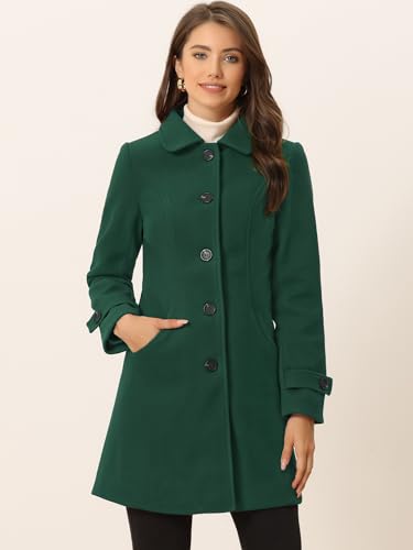 Allegra K Women's Winter Overcoat Peter Pan Collar Single Breasted Pea Coat - color: Dark Green, size: Large