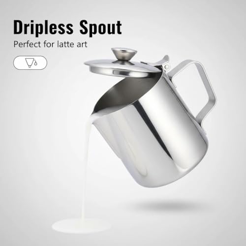 Milk Frothing Pitcher, 600ml (20oz), Stainless Steel Creamer with Lid | Fits for Milk, Coffee, Cappuccino and Latte Art - size: 20 Ounces