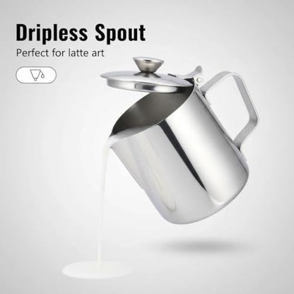 Milk Frothing Pitcher, 600ml (20oz), Stainless Steel Creamer with Lid | Fits for Milk, Coffee, Cappuccino and Latte Art - size: 20 Ounces