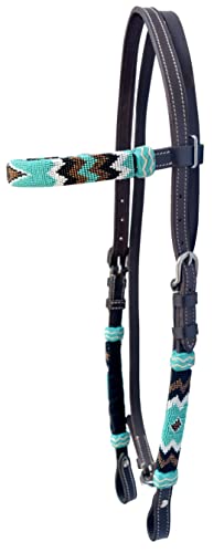 Western Horse Headstall Standard Size – Adjustable Hand Braided Genuine Leather Bridle with Rawhide Knotting, Stitched Accents & Multicolor Beads, Western Riding Tack, Light Brown
