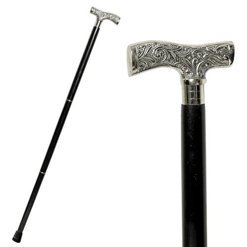Wooden Walking Cane with Brass Handle – 37 Inch Handcrafted Walking Stick for Men & Women – Vintage Cane - color: Silver T Hnadle