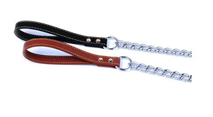 SGODA Chain Dog Leash with Leather Handle 4 Feet Black - color: Black
