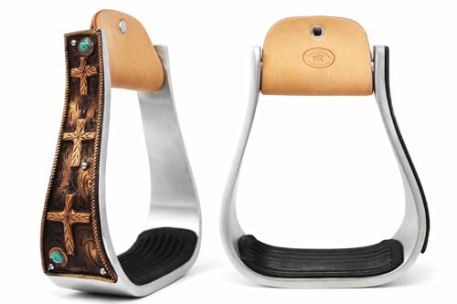 CHALLENGER Horse Western 5" Wide Barrel Racer Aluminum Copper Cross Engraved Show Stirrups 51233