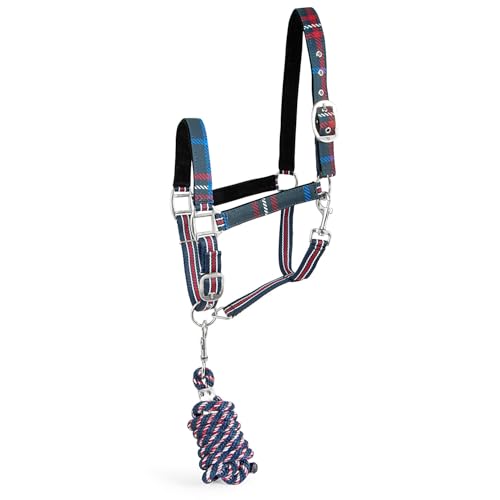 Jeffers Poplar Head Adjustable Padded Nylon Halter & Matching Lead Set with Quick Snap for Horses, Full Size Horse Halter with Padded Noseband & Crown, Equestrian Training Tack for Stable or Ranch Us - color: Navy and Merlot