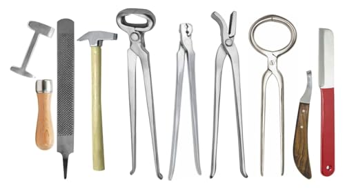 Horse Farrier Tool Kit – 9 Piece Complete Hoof Care Set with Hoof Nippers, Hoof Knife, Rasp, Clincher, Puller, Hammer & Grooming Tools – Professional Equine Hoof Trimming & Shoeing Kit for Farriers
