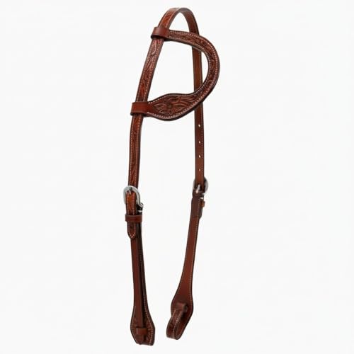 Majestic Ally Horse Headstall, Natural, Super Leather, Antique, Tooling, Quick Bit Change Single Ear Western Headstall - color: TAN
