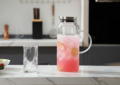 Purefold 68 Ounces Glass Pitcher with Lid, Hot/Cold Water jug for Coffee | Coffee, lemonade, iced tea, juice pitcher. Leakproof stainless steel lid, dishwasher safe. BPA free borosilicate glass. - size: 68 Ounces