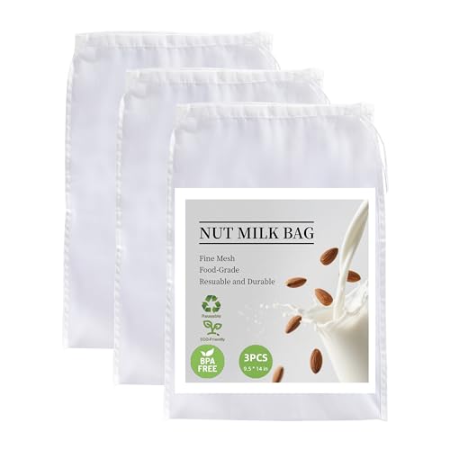3 Pack Nut Milk Bag, Nylon Cheese Cloth Bag for Straining, 9.5"x14" | Reusable Strainer, Food-Grade, Fine Mesh, for Cold Brew Coffee, Greek Yogurt, Tea and Juice
