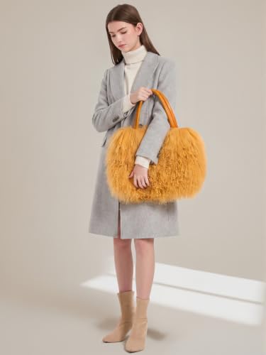 Women Luxury Real Curly Mongolian Lamb Fur Purse - color: Camel