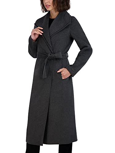 TAHARI Women's Slim Fit Double-faced Soft Wool Blend Wrap Coat With Tie Belt – Long Wool Coat - color: Charcoal, size: Large