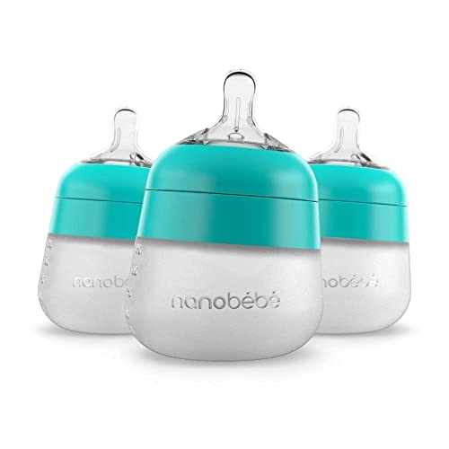 Nanobebe Flexy Silicone Baby Bottle, Anti-Colic, Natural Feel, Non-Collapsing Nipple, Non-Tip Stable Base, Easy to Clean 3-Pack, Teal, 5 oz - color: Teal, style: 5 Ounce 3-Pack