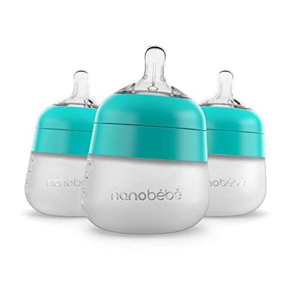 Nanobebe Flexy Silicone Baby Bottle, Anti-Colic, Natural Feel, Non-Collapsing Nipple, Non-Tip Stable Base, Easy to Clean 3-Pack, Teal, 5 oz - color: Teal, style: 5 Ounce 3-Pack