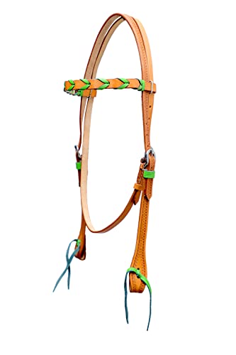 CHALLENGER Horse Western Lime Green Laced Tan Leather Browband Headstall Show Bridle 78AD28LG