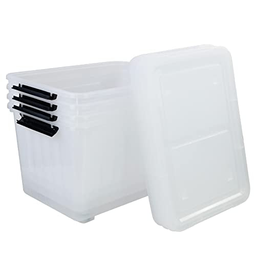 50 Quart Plastic Wheeled Storage Bin, 4 Pack Latching Storage Box | Trasnparent Plastic Material, Stackable - size: 50 Quart