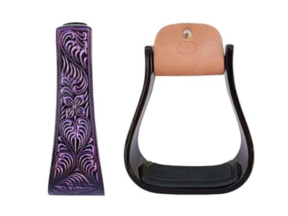 CHALLENGER Horse Western 5" Wide Barrel Racer Black Aluminum Engraved Show Stirrups 51248 - color: Black Purple