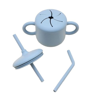 Silicone Baby Feeding Set Whimsy Blue Infant Tableware Collection with Bib Suction Bowl Utensils Straw Cup Snack Container - color: Whimsy Blue