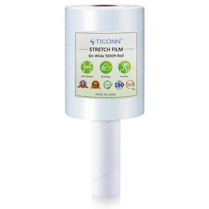 TICONN Stretch Wrap Stretch Film Roll, 1000ft Industrial Strength 5 inch Wide Clear Plastic Wrap with Handles for Pallet Wrapping Shipping Moving - style: 5''-1PK