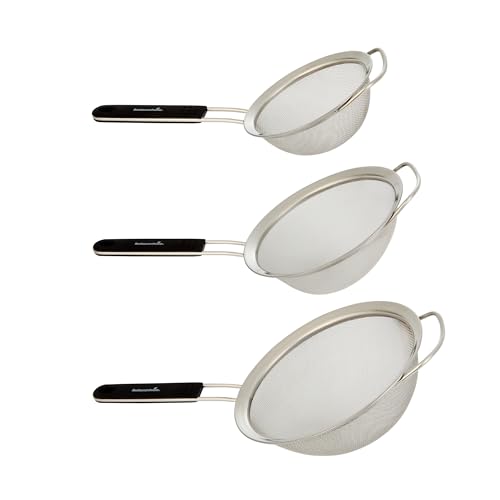 Restaurantware Fine Mesh Strainer Set of 3 Different Sizes with Silicone Handle Stainless Steel Extra Fine Mesh Strainer Heat-Resistant Handle Dishwasher-Safe for Rice, Quinoa, Pasta - size: Standard, Extra Fine Mesh-3-Piece Set