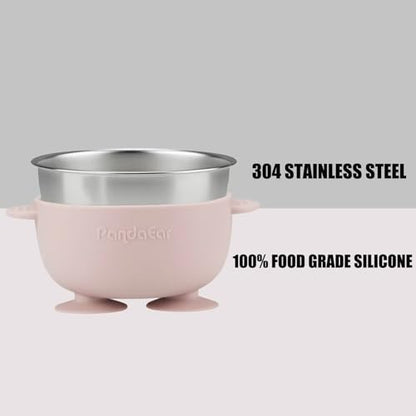 PandaEar 6-in-1 Stainless Steel Baby Feeding Set | Divided Suction Plate, Bowl, Sippy Cup with Straw, Bib, Spoon & Fork | BPA-Free Toddler Feeding Essentials for Self-Feeding (Pink) - color: Pink