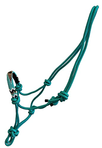 Nylon Horse Size Cowboy Knot Rope Halter with Beaded Cross Nose and Removable Lead - color: Teal