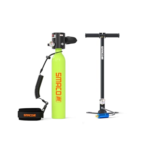 SMACO Mini Scuba Tank 0.5L Portable Reusable Diving Tank Emergency Diving Cylinder for Snorkeling, Freediving, Boat Cleaning & Air Backup Lightweight & Compact Design Pony Bottle S300 - style: Scuba Tank (Green) +Hand Pump