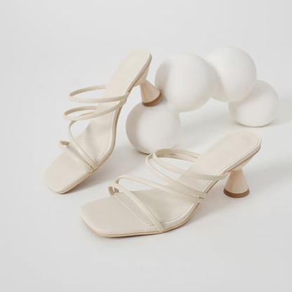Women's Square Toe Twisted Strap Mules Open Toe Sculptural Kitten Heels Backless Slip On Sandals with Memory Foam - color: Beige Strappy, size: 7.5