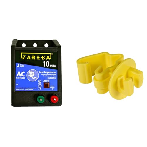 Zareba EAC10M-Z AC Powered Electric Fence Charger - 10 Mile Plug-In Electric Fence Energizer + Zareba ITY-Z Standard Snug-fitting T-Post Insulator, 25 per Bag, Yelllow