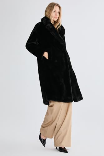 Orolay Women's Fuzzy Fleece Winter Jacket Faux Fur Lapel Coat Mid-Length Sherpa Teddy Coat - color: Black, size: Small