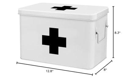 Flexzion Large Metal First Aid Box Empty, 13-Inch, White with Black Cross - color: White - Black Cross, size: 13 Inch without Latch Lock
