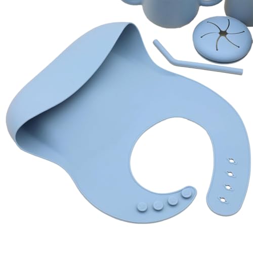 Silicone Baby Feeding Set Whimsy Blue Infant Tableware Collection with Bib Suction Bowl Utensils Straw Cup Snack Container - color: Whimsy Blue