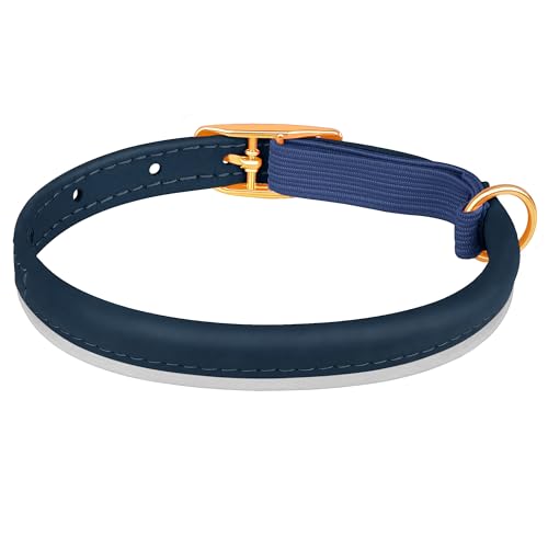 OOPSDOGGY Rolled Leather Cat Collar with Bell - Reflective Kitten Collar with Safety Elastic Strap - Adjustable Small Pet Collars for Boy Girl Cats (Blue) - color: Blue