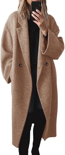 SAUKOLE Womens Winter Pea Coat Notch Lapel Double Breasted Wool Blend Oversized Overcoat with Pockets - color: 12#khaki, size: Small