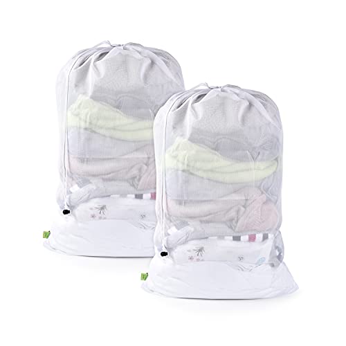 OTraki 2 Pcs Large Mesh Laundry Bags 24X36 Inch Heavy Duty Drawstring Laundry Wash Bag,Laundry Hamper Liner Machine Washable Storage Bag for Travel Hotel Beach Don't Drying, Melting 140-176℉ White - size: 24 x 36 inch