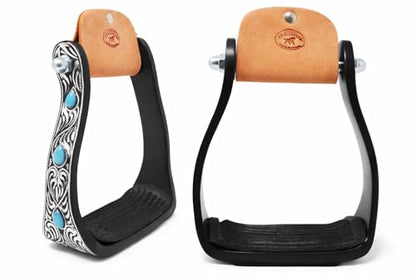 CHALLENGER Horse 5" Black Aluminum Engraved Barrel Racing Saddle Stirrups with Turquoise Stones 51230