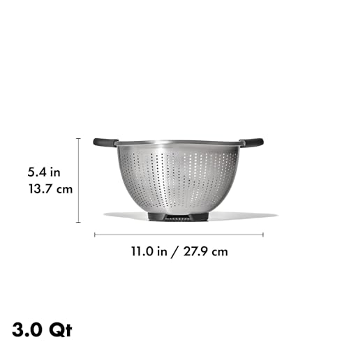 OXO Good Grips Strainer - 3 Qt Capacity, Stainless Steel | Colander, Nesting Design For Easy Storage, Non-Slip Handles, Drains Pasta And Vegetables, Dishwasher Safe - size: 3 Qt
