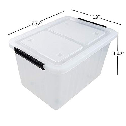 35 Quart Plastic Wheeled Storage Bin, 4 Pack Latching Storage Box | Clear Material, Stackable - size: 35 Quart