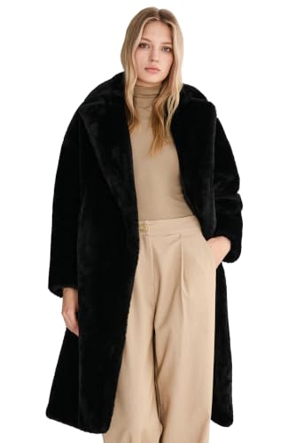 Orolay Women's Fuzzy Fleece Winter Jacket Faux Fur Lapel Coat Mid-Length Sherpa Teddy Coat - color: Black, size: Large