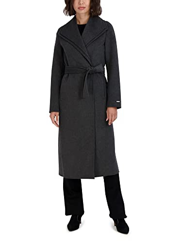 TAHARI Women's Slim Fit Double-faced Soft Wool Blend Wrap Coat With Tie Belt – Long Wool Coat - color: Charcoal, size: Small