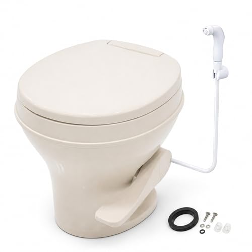 SEAFLO Residential Height Bone Camper/RV Toilet with Sprayer Attachment, 18.5” Standard Height, Gravity Flush System, Pedal Operation, Soft Close Seat, 4-Year Warranty (Bone W/Sprayer Attachment) - color: Bone w/Sprayer