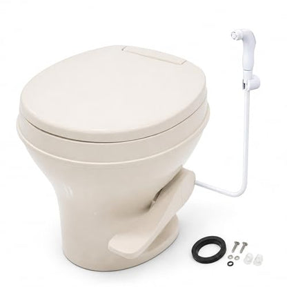 SEAFLO Residential Height Bone Camper/RV Toilet with Sprayer Attachment, 18.5” Standard Height, Gravity Flush System, Pedal Operation, Soft Close Seat, 4-Year Warranty (Bone W/Sprayer Attachment) - color: Bone w/Sprayer