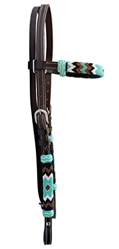 Western Horse Headstall Standard Size – Adjustable Hand Braided Genuine Leather Bridle with Rawhide Knotting, Stitched Accents & Multicolor Beads, Western Riding Tack, Light Brown