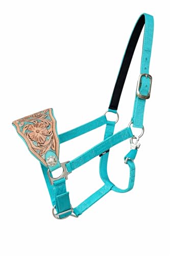 Majestic Ally Western Horse Bronc Halter, Turquoise Padded Leather Noseband, Antique Finish, Tooled Floral Design, Adjustable Nylon - style: Western Cross