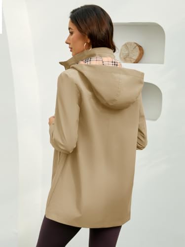 Womens Long Hooded Rain Jacket Waterproof Outdoor Hiking Raincoat Windbreaker Lightweight Trench Coat - color: Sandy, size: Medium