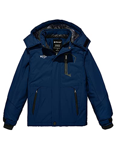 Wantdo Boy's Waterproof Ski Jacket Fleece Snowboarding Jackets Warm Thick Winter Coat Hooded Raincoats - color: Navy, size: 6-7