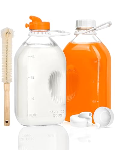 KMIGRUAN 64oz Glass Milk Bottle with Lid, 2Pack Heavy Duty Glass Water Jugs - style: 2Pack