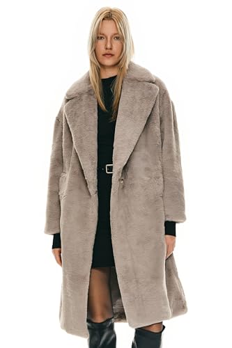 Orolay Women's Fuzzy Fleece Winter Jacket Faux Fur Lapel Coat Mid-Length Sherpa Teddy Coat - color: Grey, size: Medium