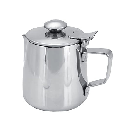 Milk Frothing Pitcher, Stainless Steel Milk Frother Cup with Lid Small Creamer Pitcher Latte Coffee Art Barista Milk Jug Cup Espresso Accessories (350ml)